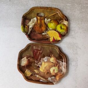 Vtg Metal Tray Elite Trays England Still Life Fruit Cheese Bread Table Set of 2